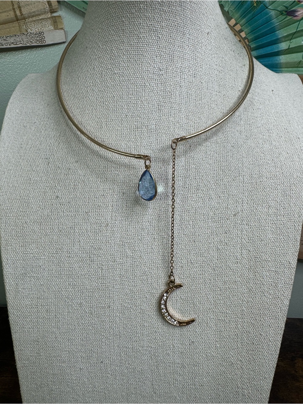 Gold Choker Necklace with Blue Teardrop and Crescent Moon Pendant